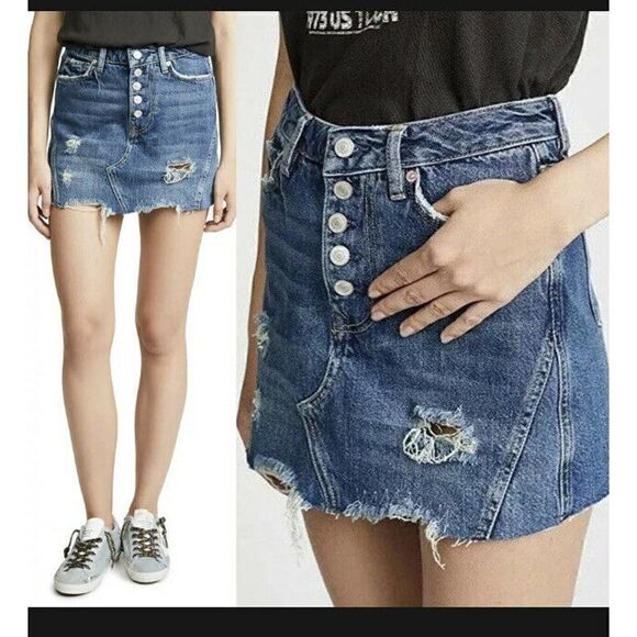 NEW Free People Distress Button Fly High Waist Denim Harvey Mini Skirt 25 $60 - Picture 4 of 11